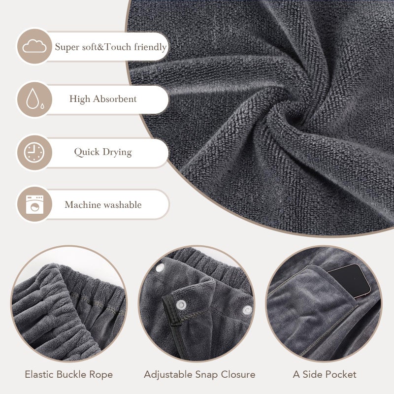 Sinland غطاء سبا نسائي من سينلاند من الألياف الدقيقة خفيف الوزن بطول الركبة مع مناشف استحمام برباط قابل للتعديل 32 بوصة × 60 بوصة رمادي - Image 3